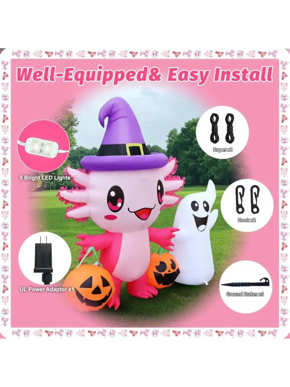 5.7FT Halloween Inflatable Axolotl Ghost with Pumpkin & LED Lights - Yard Decor